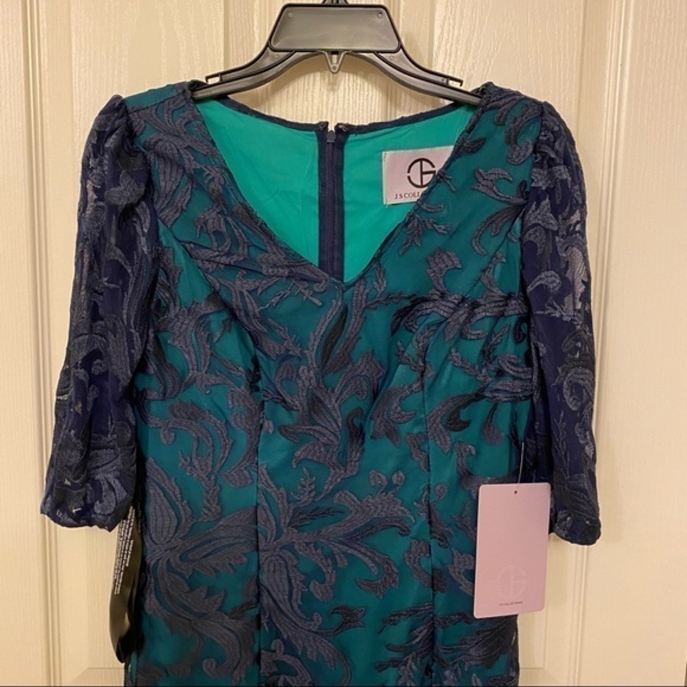 JS Collections Embroidered Sheath Dress in Navy Blue/Kelly Green - Picture 6 of 14